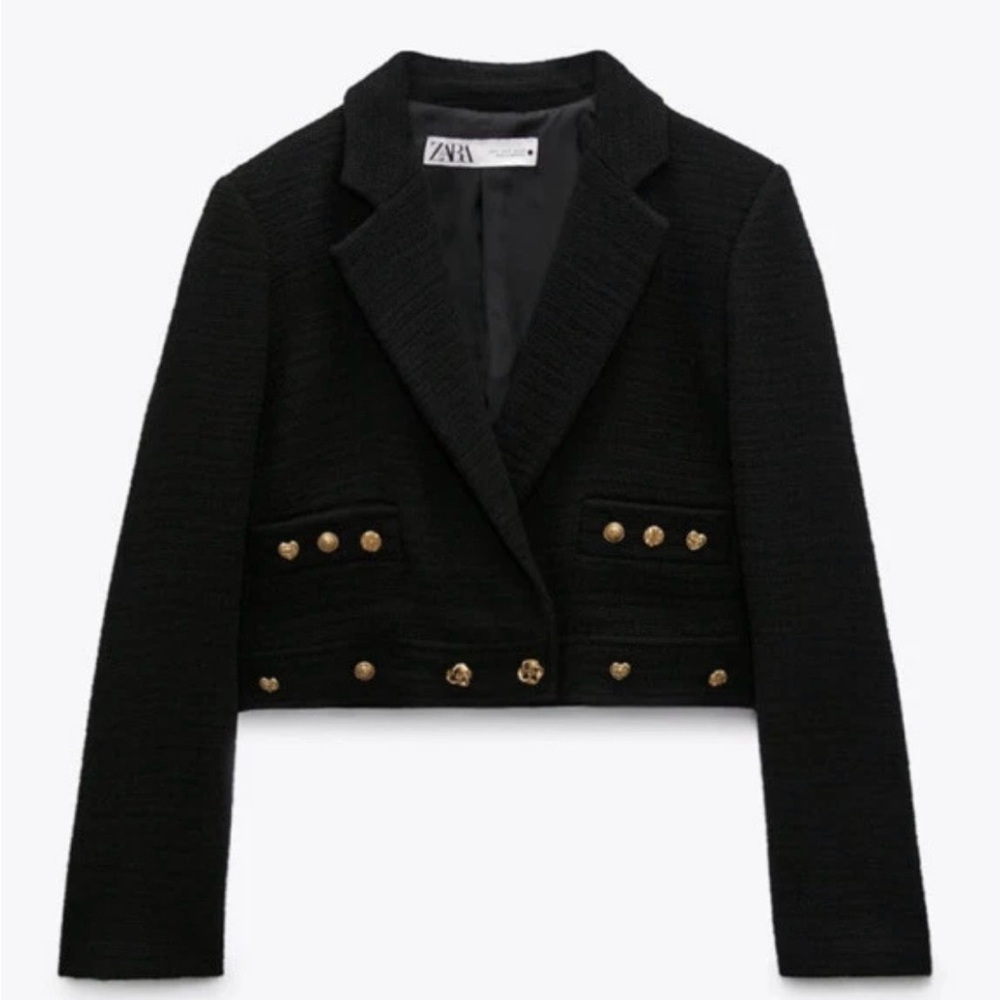 ZARA NEW Women’s CROPPED BUTTONED Textured Tweed BLAZER JACKET BLACK Size Small - Picture 6 of 16